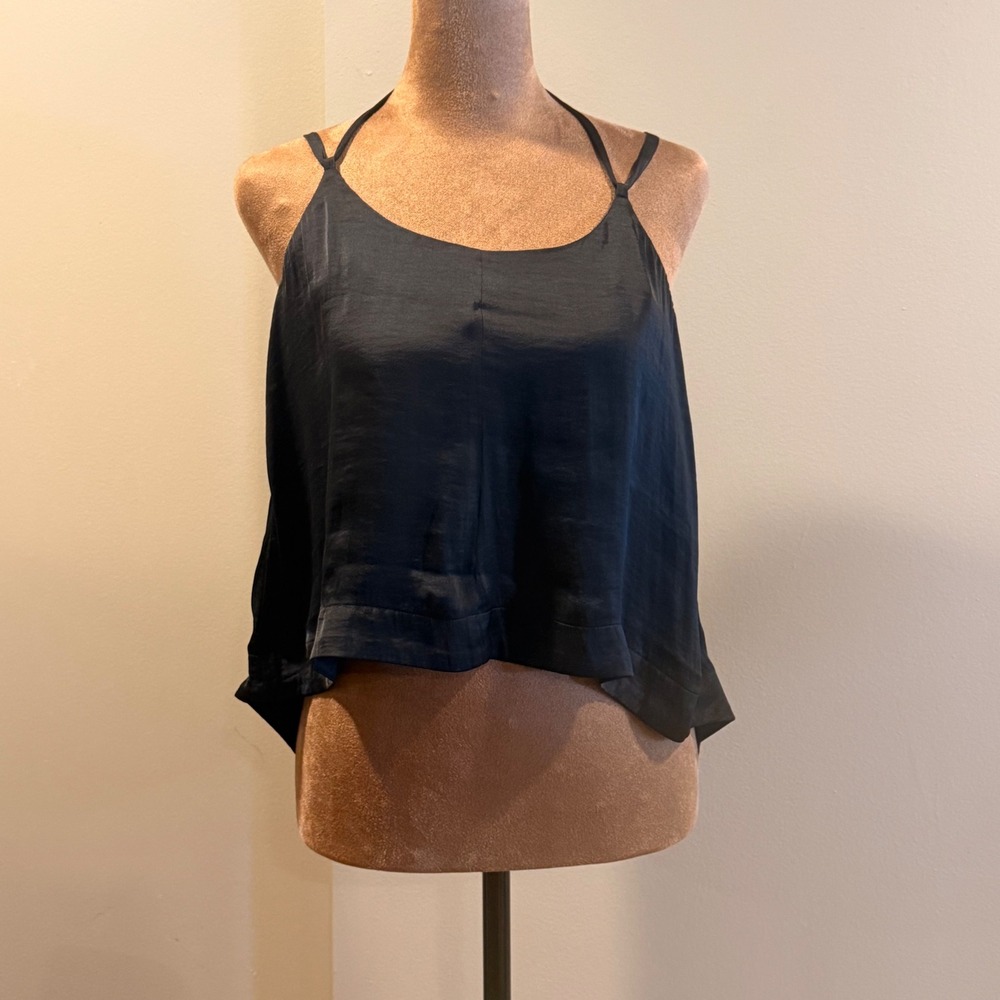 Free People Tank Top Womens M Black Halter Tie Back Satin Cami Whimsigoth Grunge